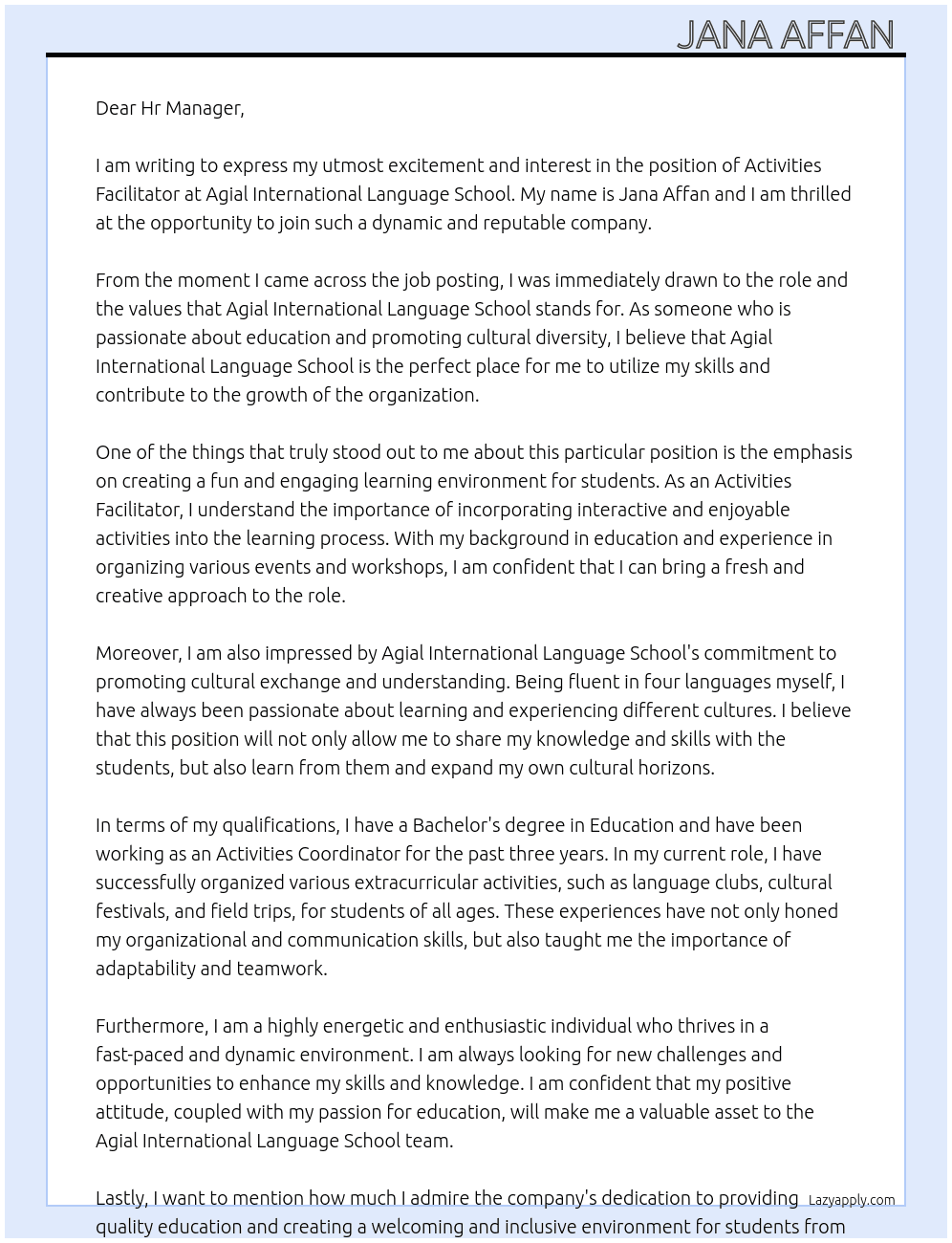 Activities facilitator At Agial international language school  Cover Letter