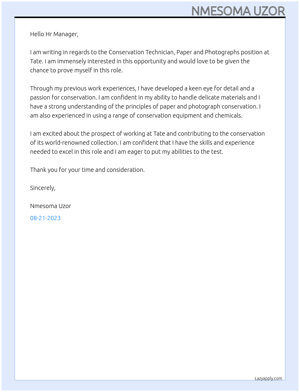 Conservation Technician, Paper and Photographs At Tate Cover Letter
