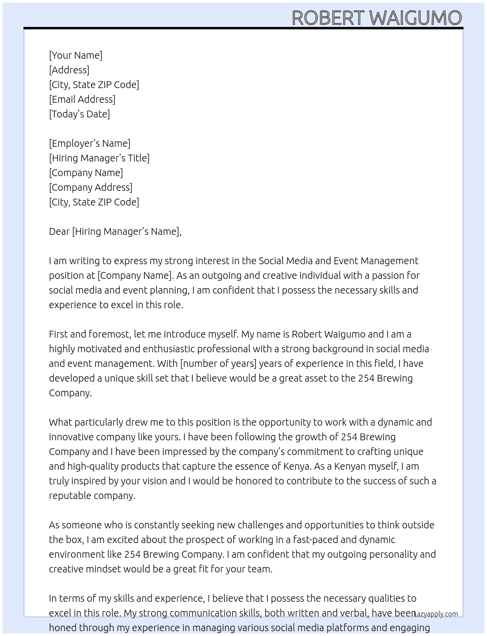 social media and event management,outgoing ,box thinker At 254 brewing Company Cover Letter