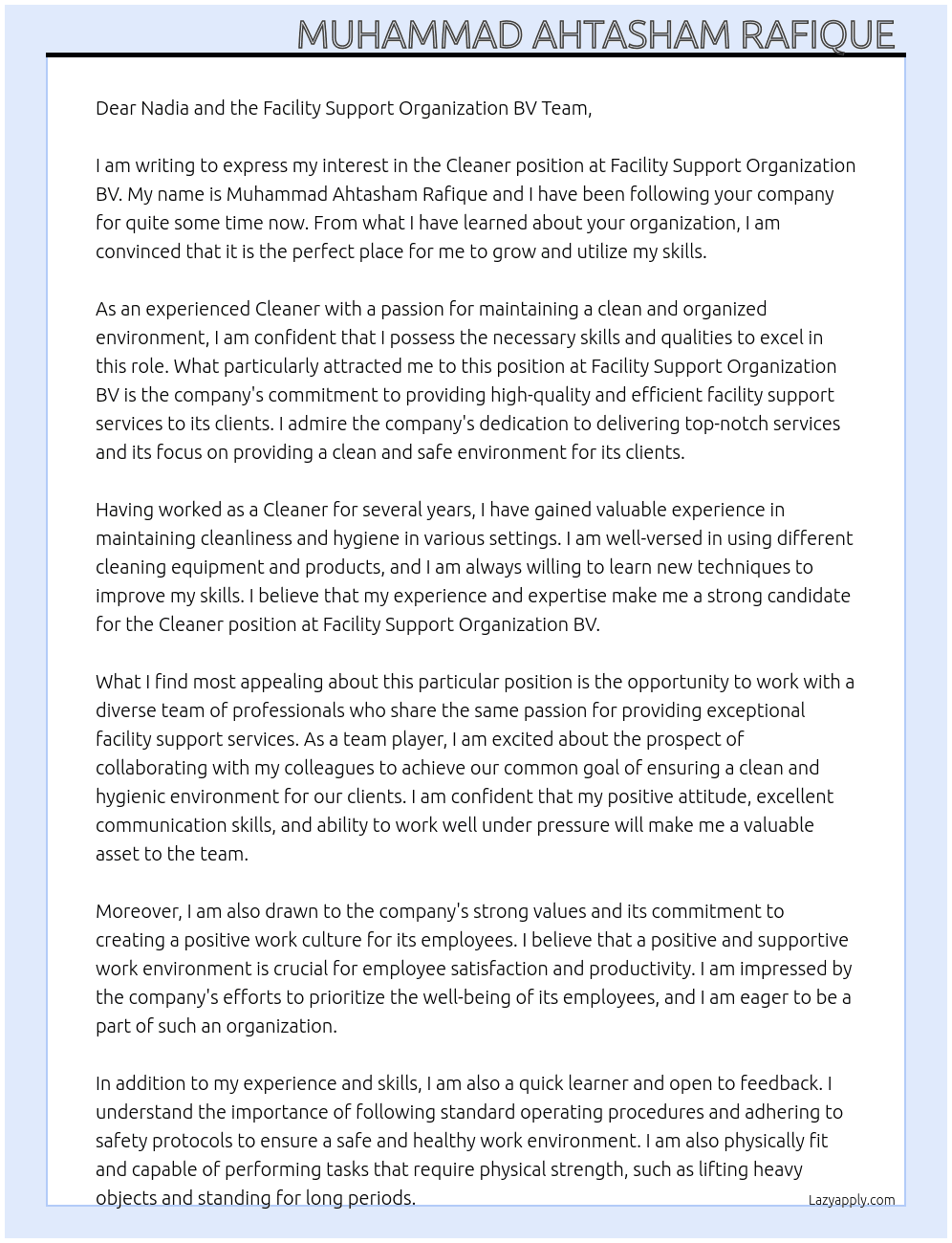 Cleaner  At Facility Support Organization BV Cover Letter
