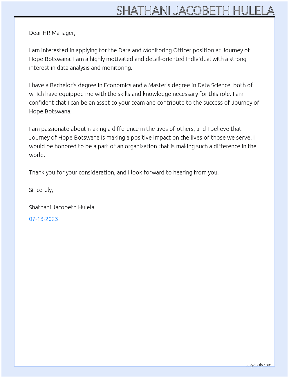 Data and Monitoring Officer  At Journey of Hope Botswana  Cover Letter