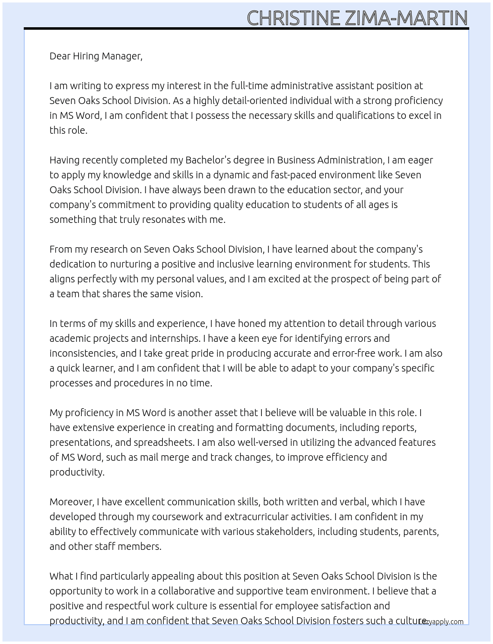 administrative assistant At Seven Oaks School Division Cover Letter