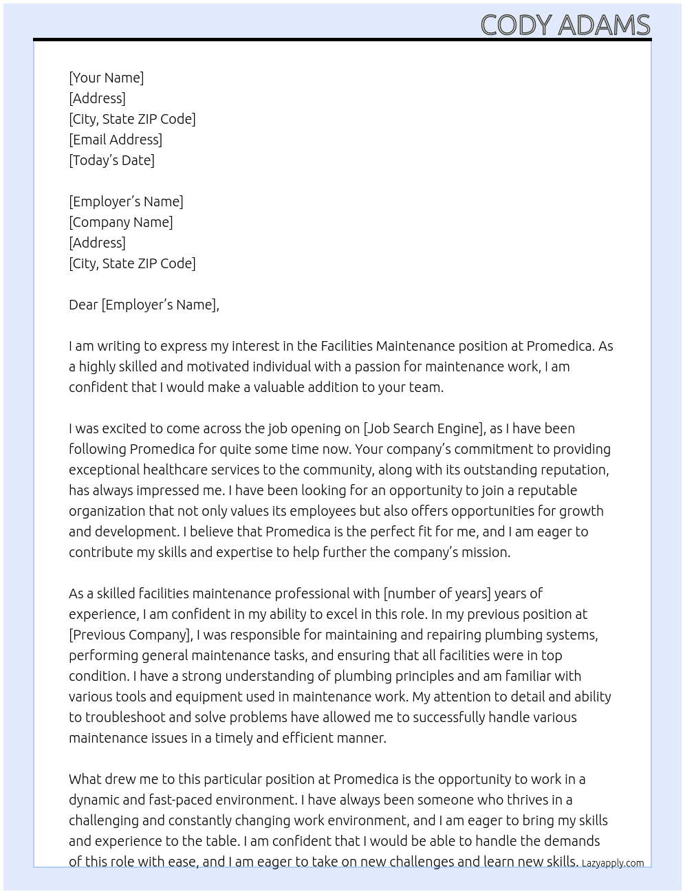 Facilities Maintenance  At Promedica  Cover Letter