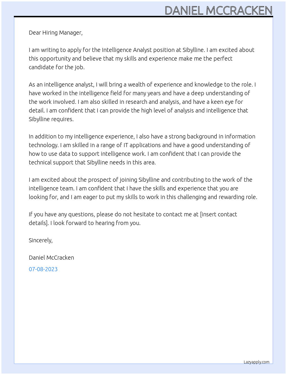 Intelligence Analyst  At Sibylline Cover Letter