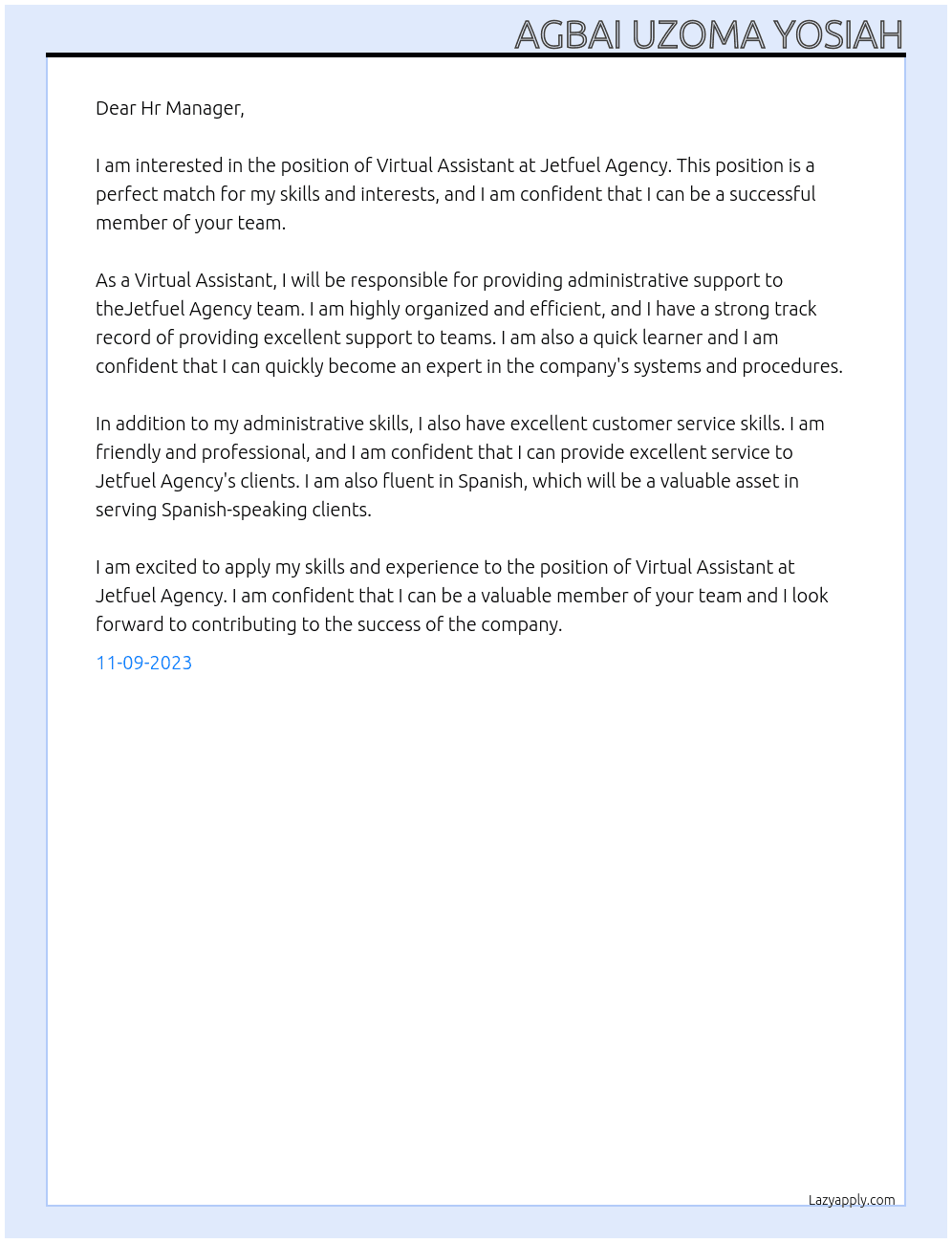 Virtual Assistant At Jetfuel Agency Cover Letter