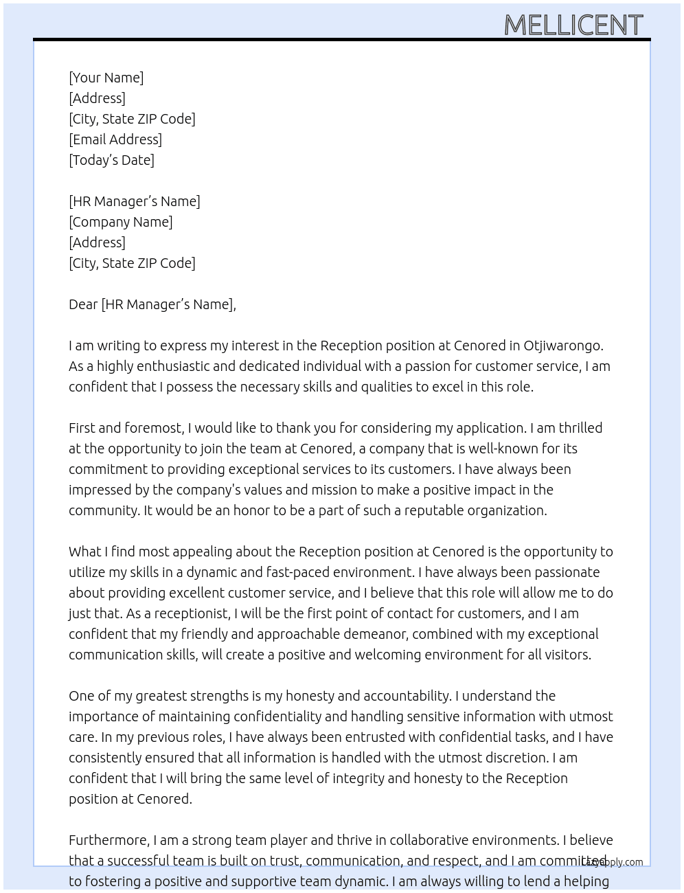Reception  At Cenored Cover Letter
