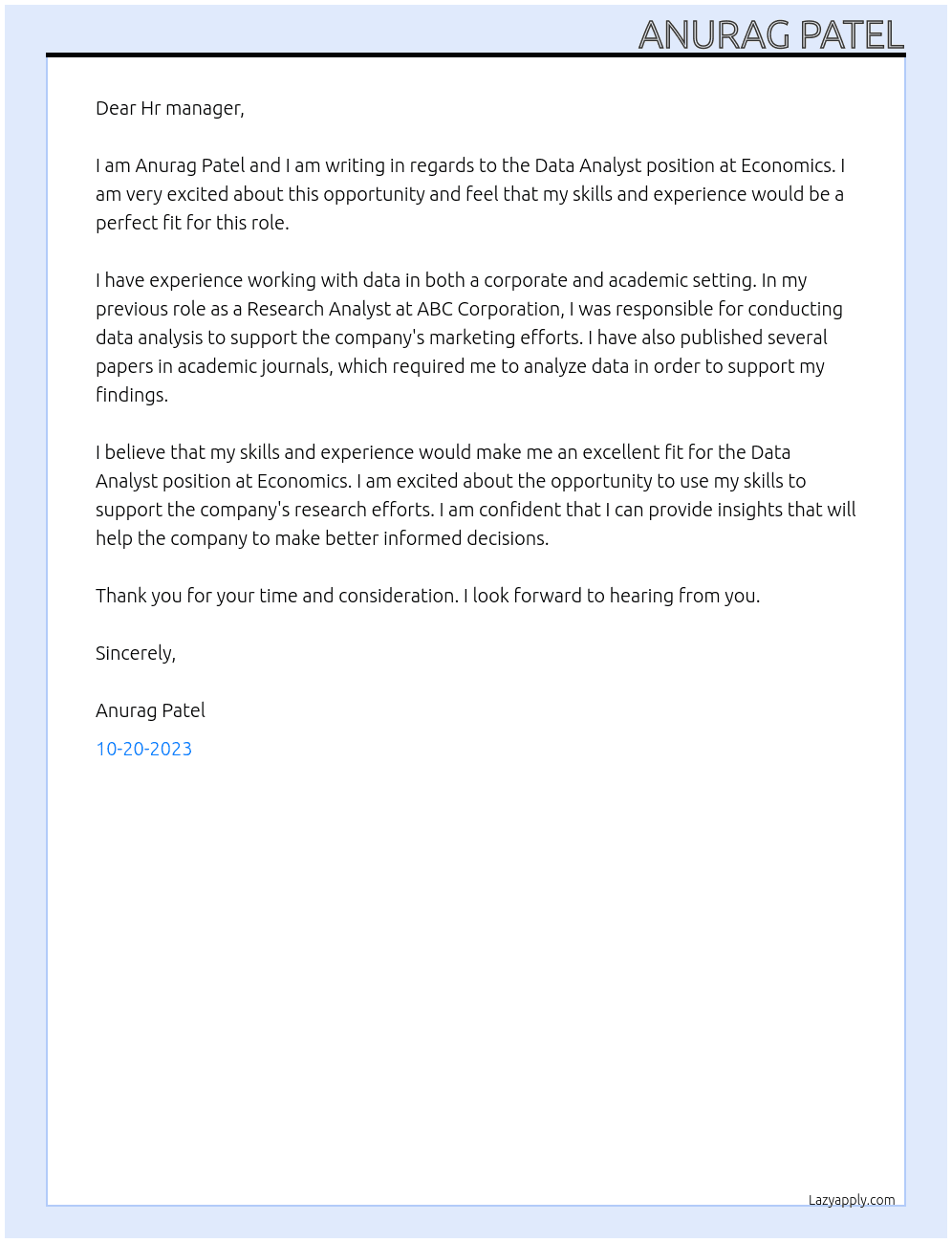 Data Analyst At Economics Cover Letter