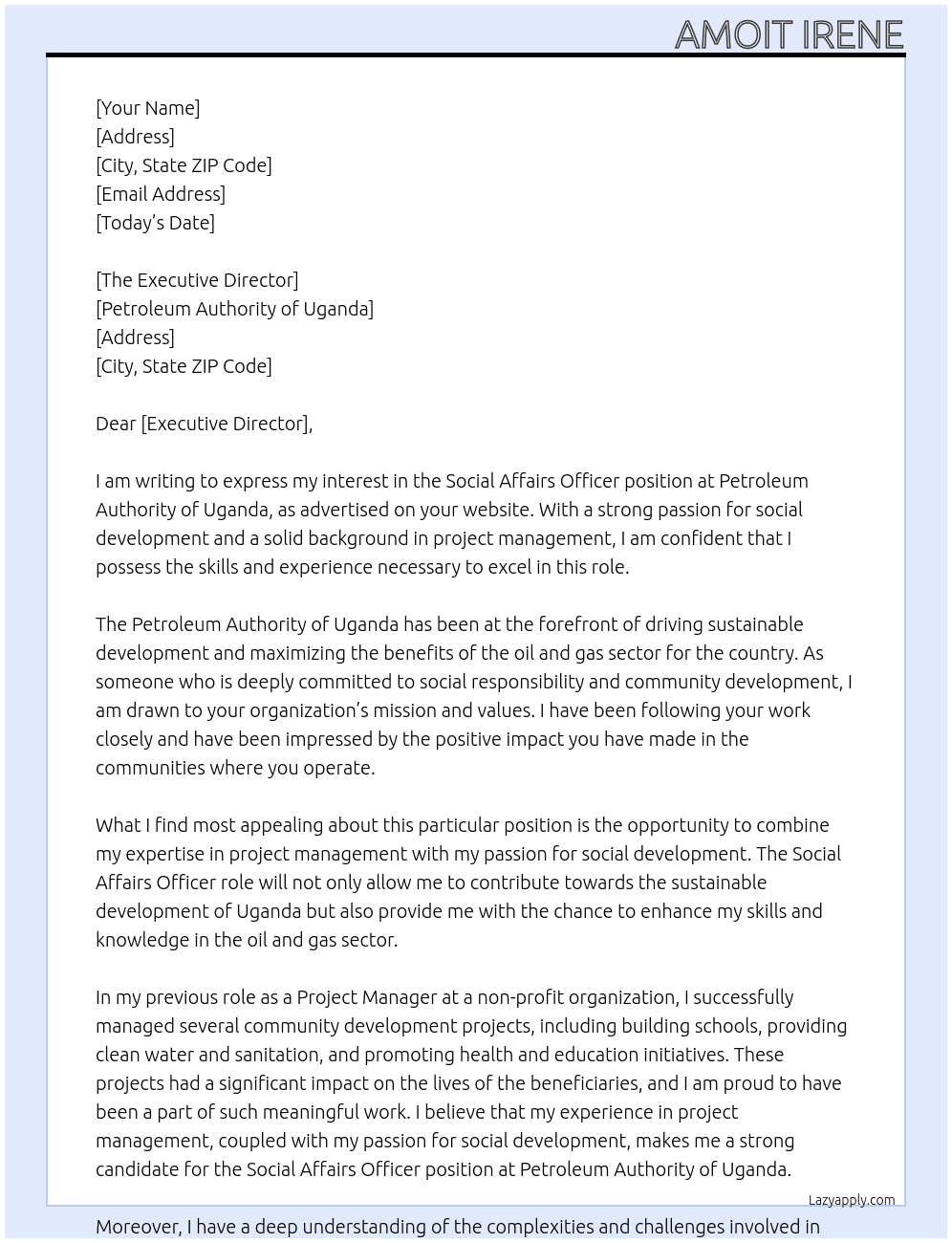Cover letter for social affairs officer - LazyApply