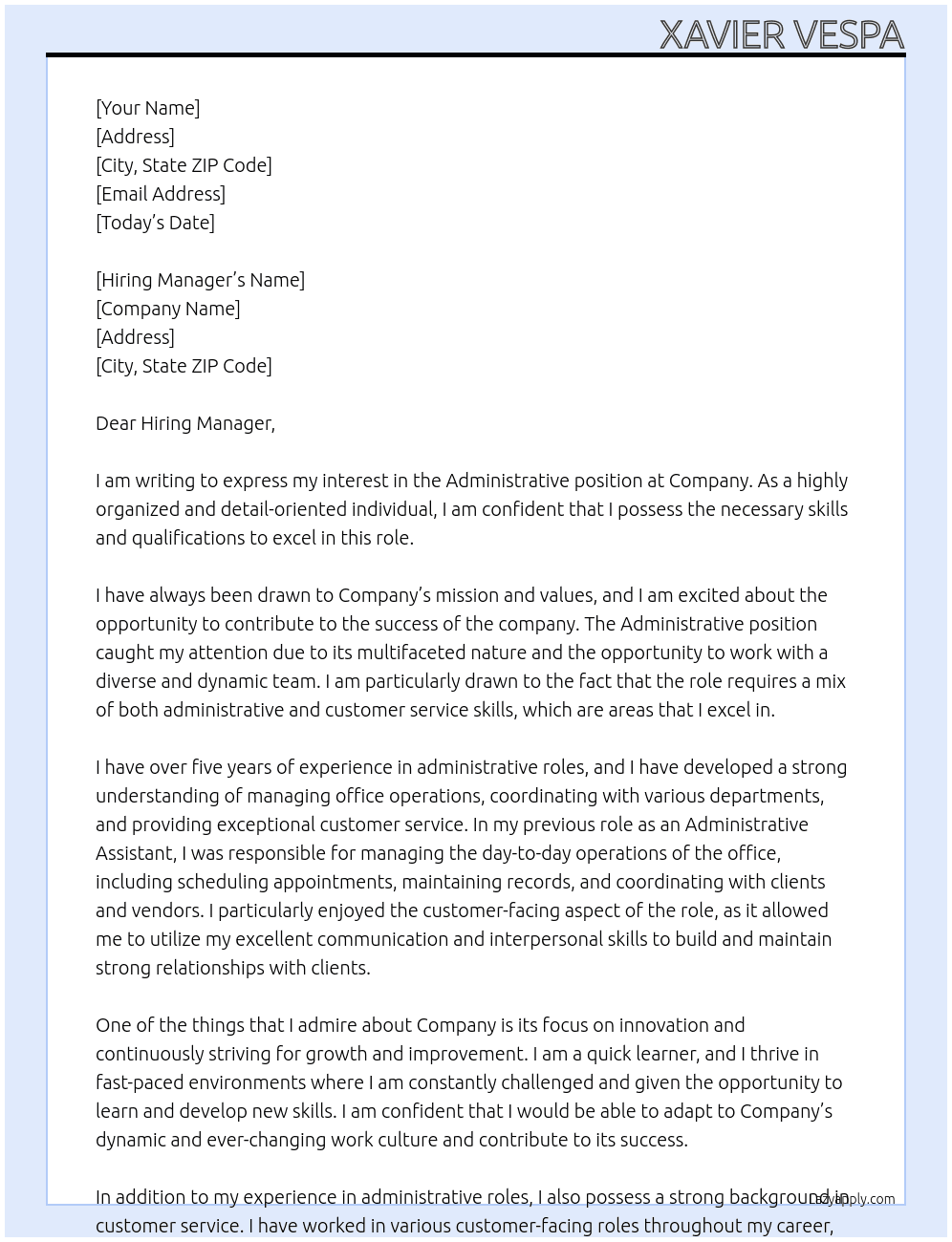 Administrative At Company Cover Letter