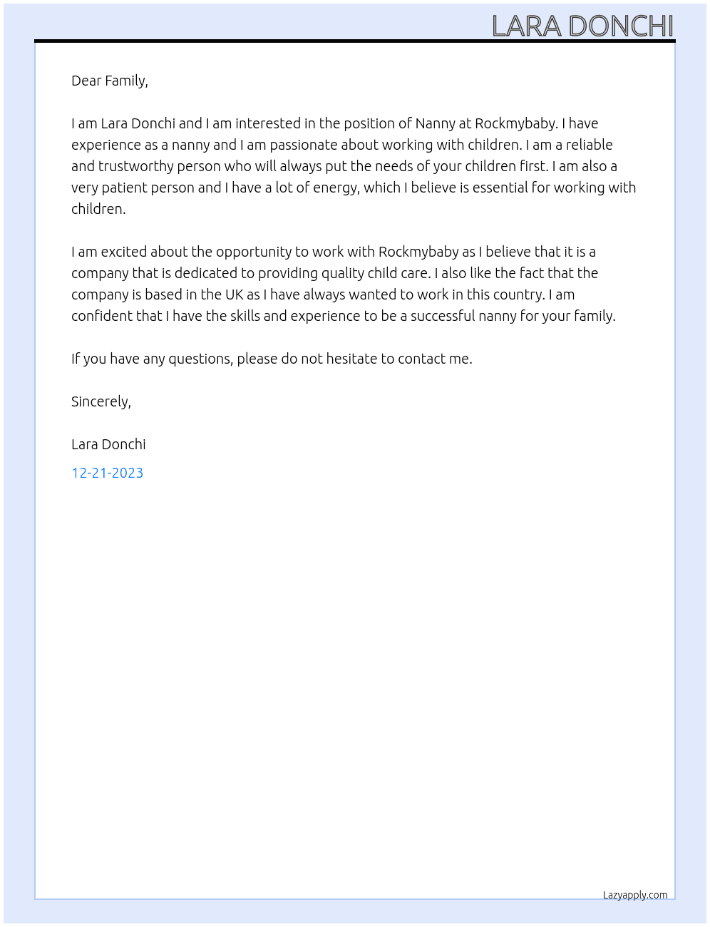 Nanny At Rockmybaby Cover Letter