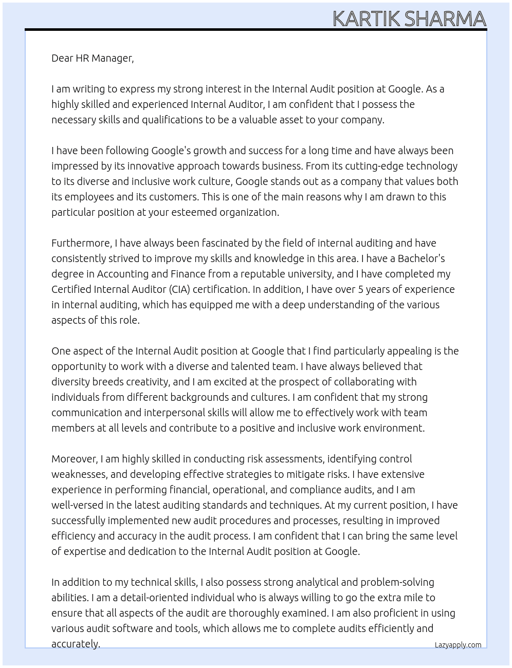 Internal Audit At Google  Cover Letter