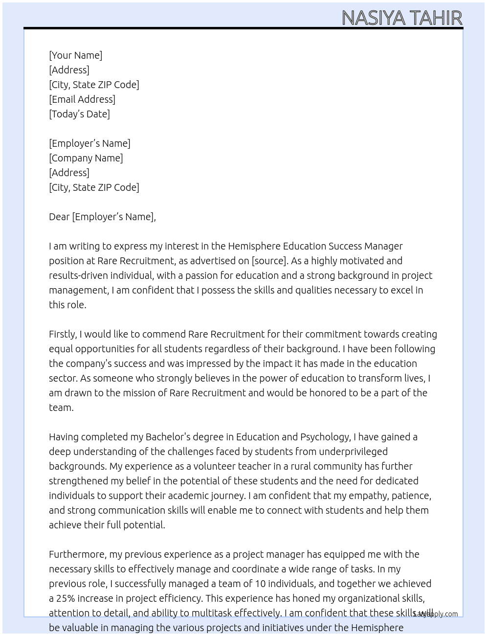 Hemisphere Education Success Manager At Rare Recruitment Cover Letter