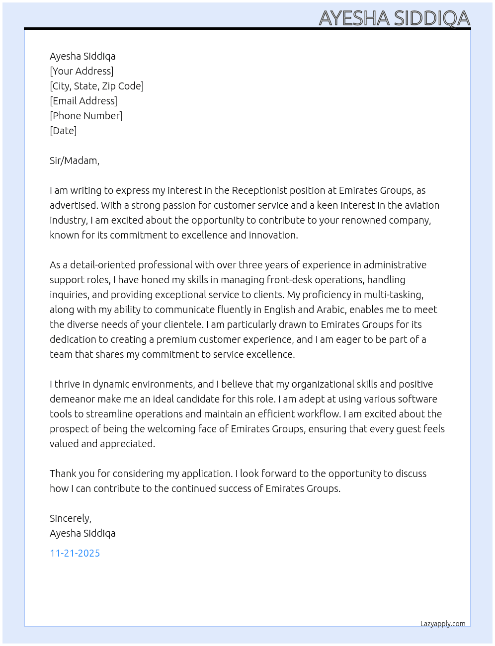 receptionist At emirates groups Cover Letter