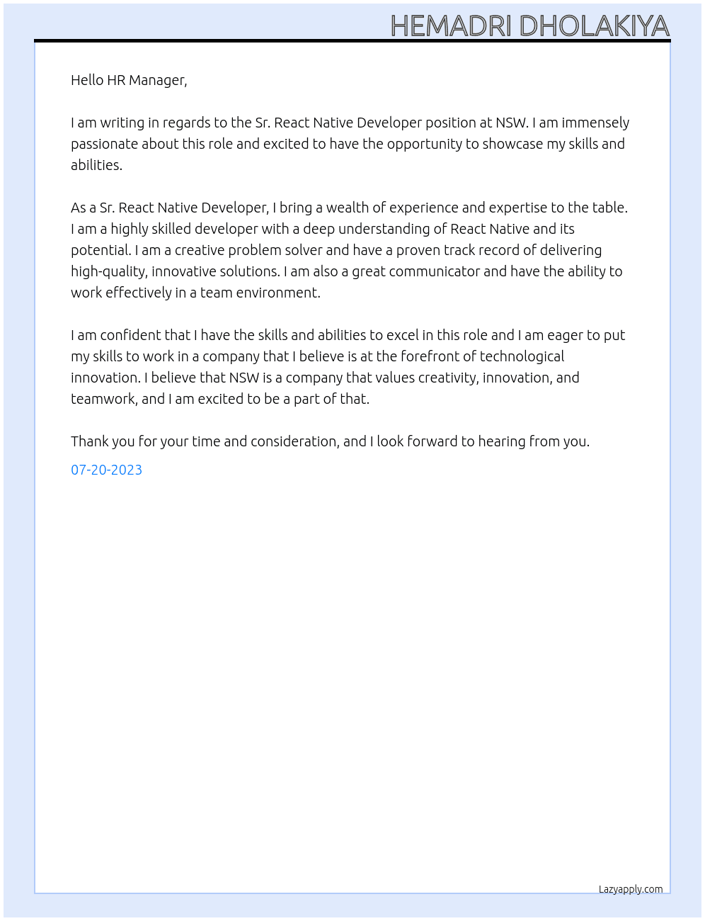 Sr. React Native Developer At NSW Cover Letter