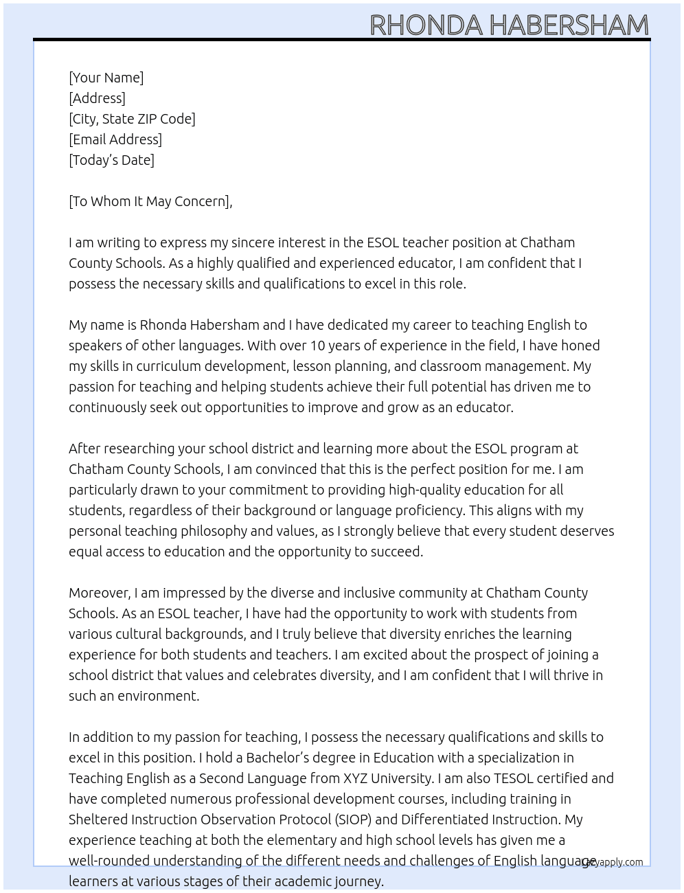 ESOL teacher At Chatham County Schools Cover Letter