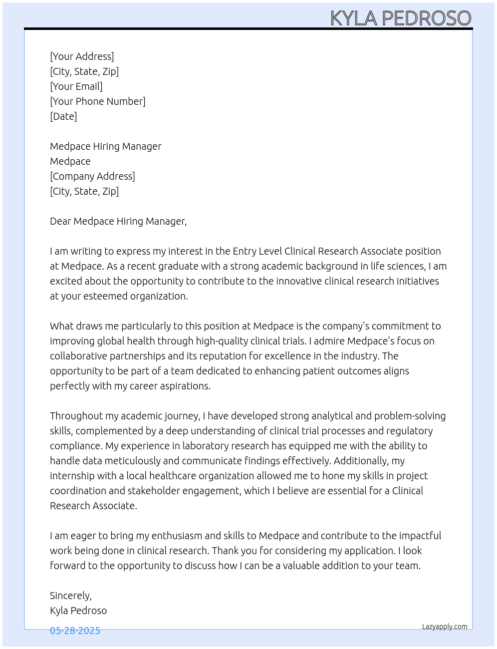 Entry Level Clinical Research Associate  At Medpace Cover Letter