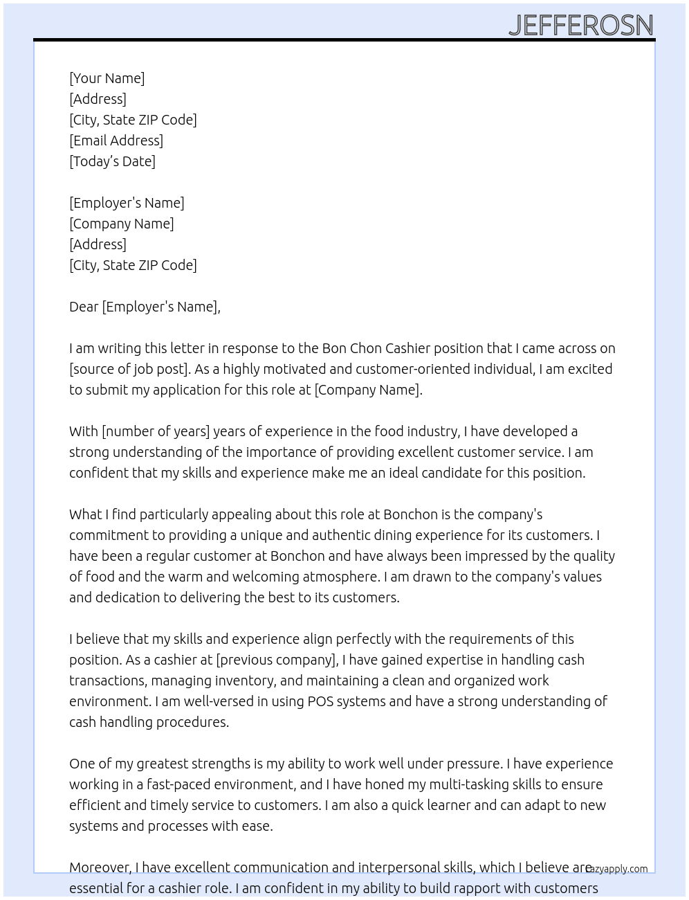 Bon Chon cashier At Bonchon Cover Letter