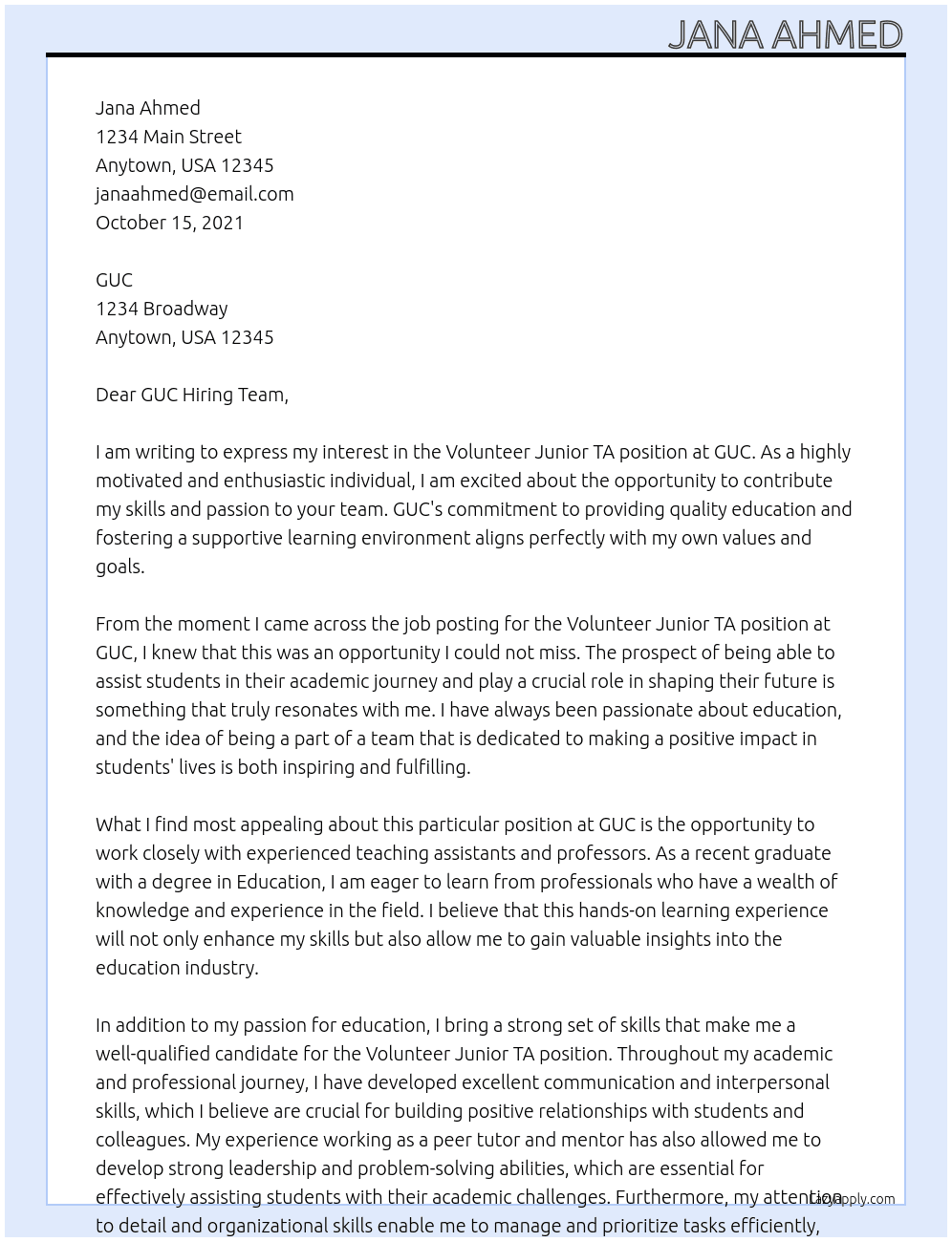 Volunteer junior TA At GUC Cover Letter
