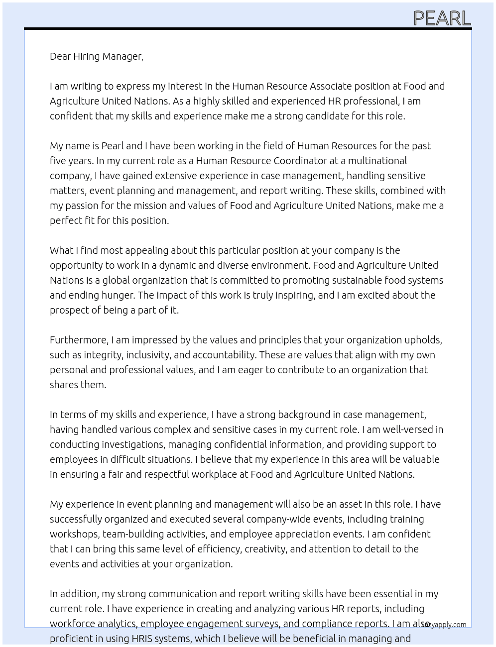 human resource associate  At food and agriculture united nations Cover Letter