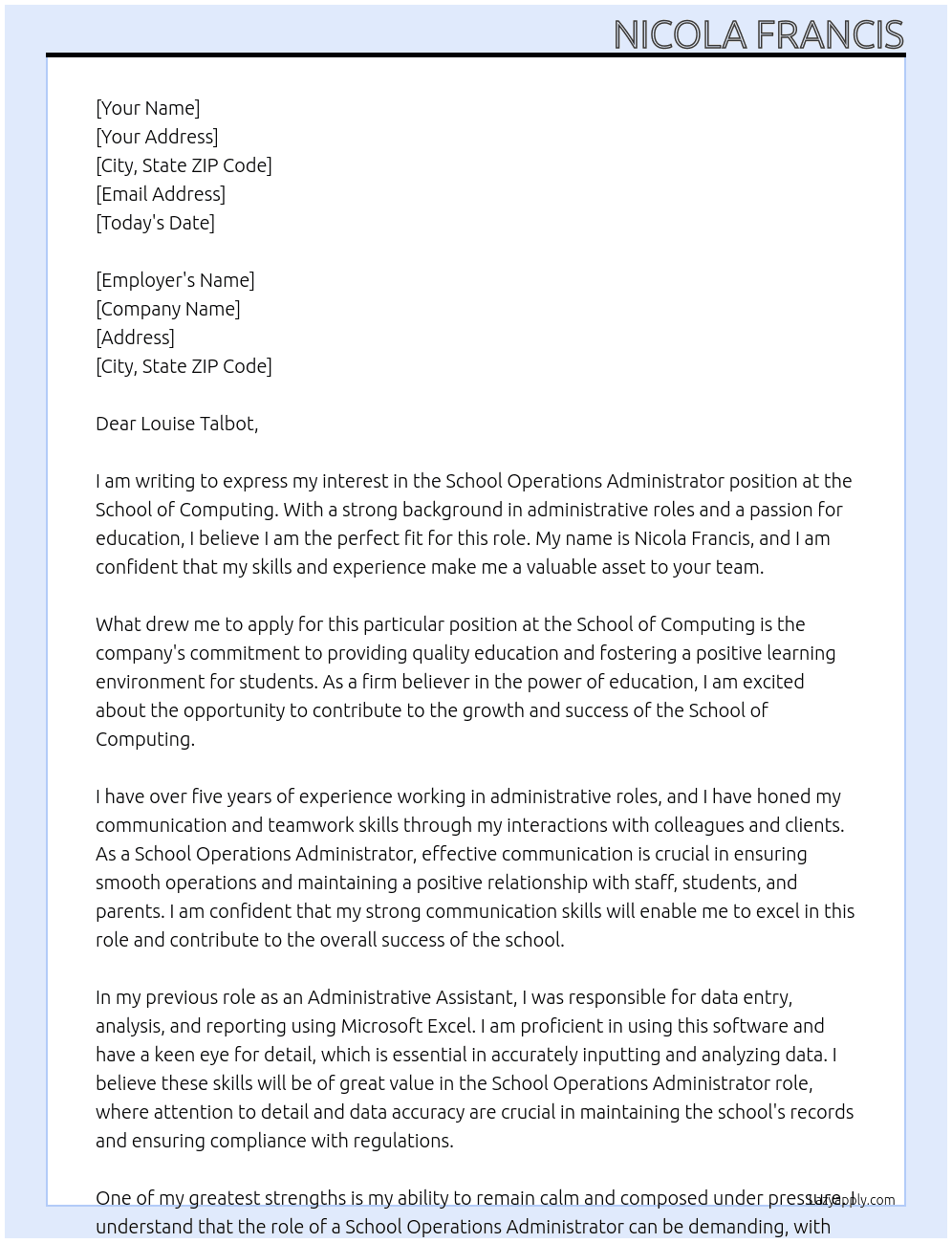 Cover letter for school operations administrator - LazyApply