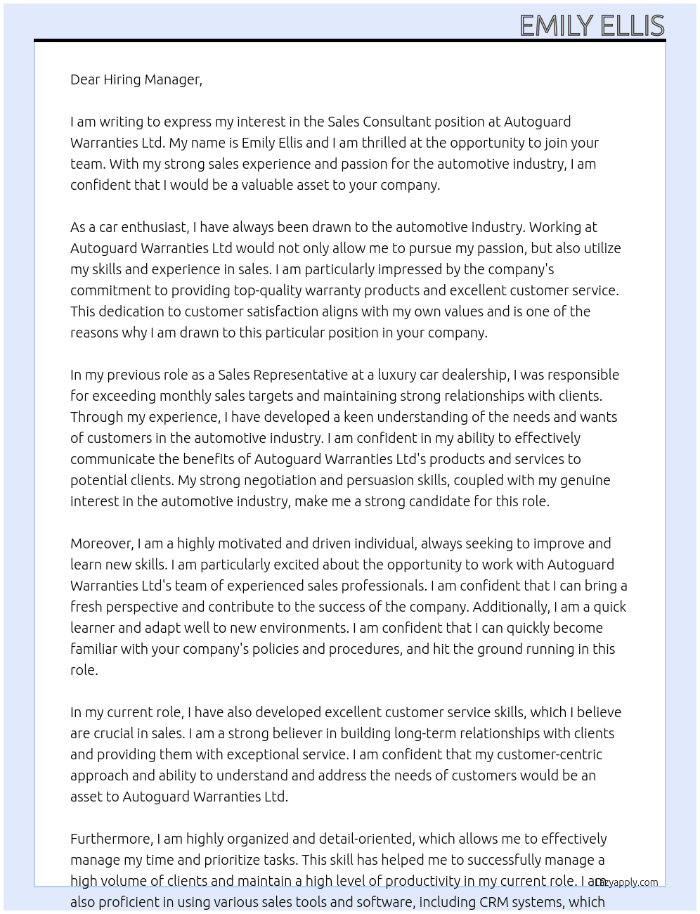 Sales Consultant  At Autoguard Warranties Ltd Cover Letter
