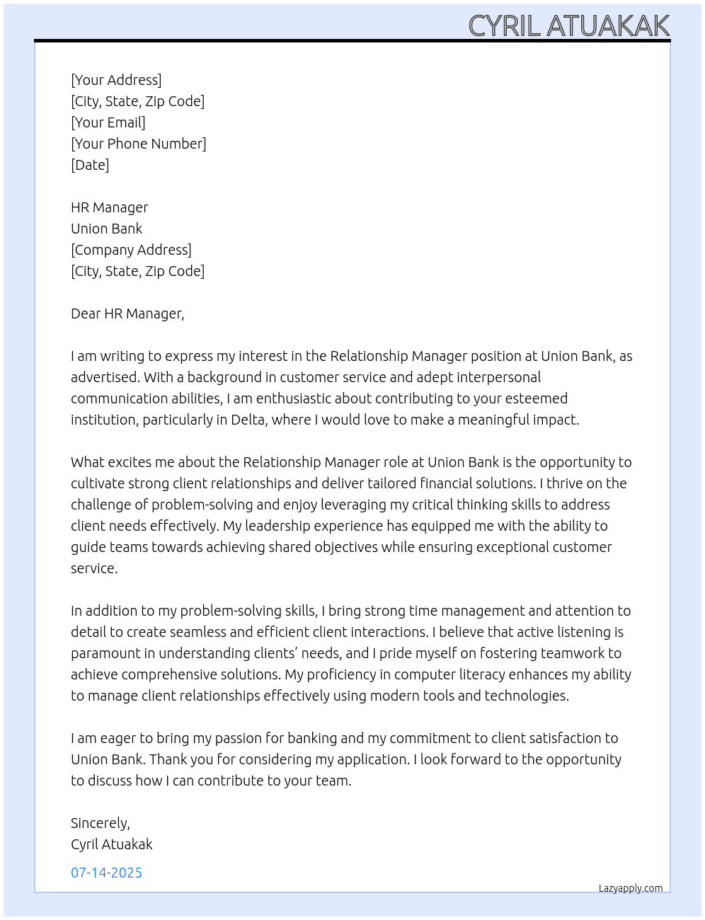 Relationship Manager  At Union Bank  Cover Letter