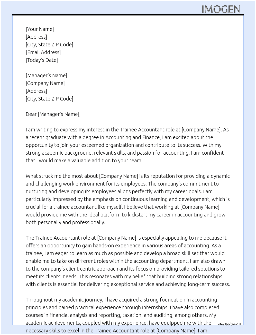Trainee accountant  At Blank  Cover Letter