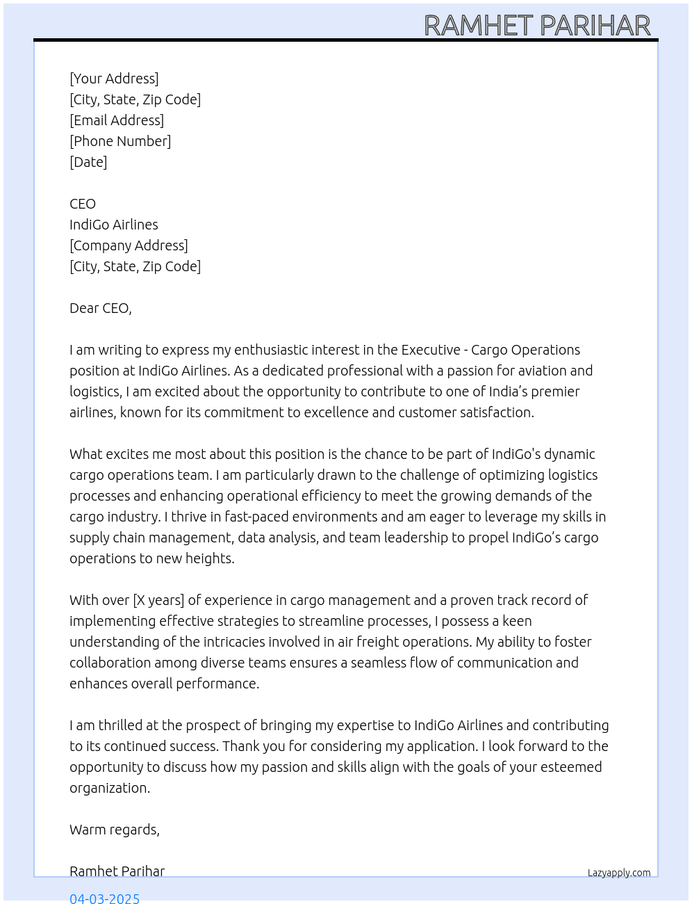 Executive-Cargo Operations  At Indigo airlines  Cover Letter