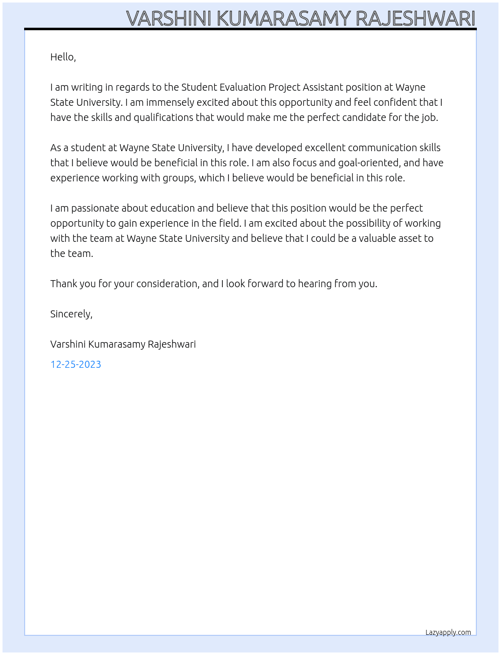 Student Evaluation Project Assistant At Wayne State University Cover Letter