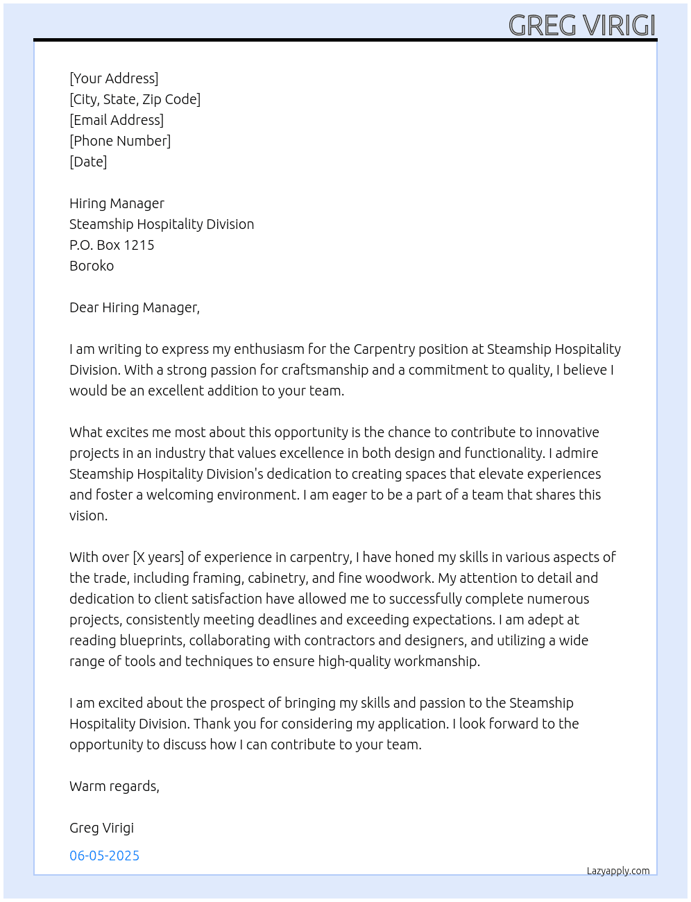 Cover letter for carpentry - LazyApply