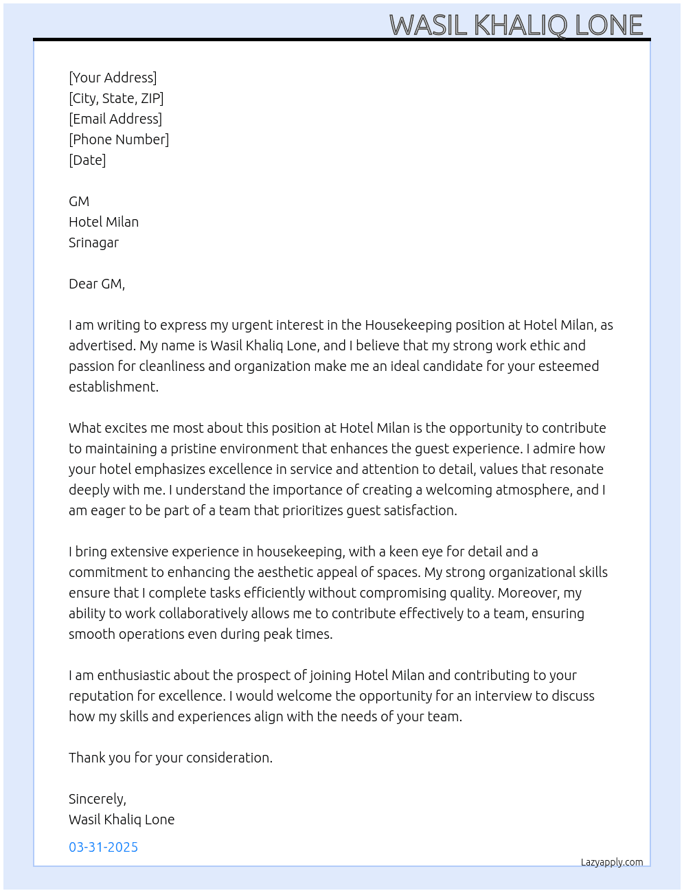 Housekeeping At Hotel milan srinagar Cover Letter