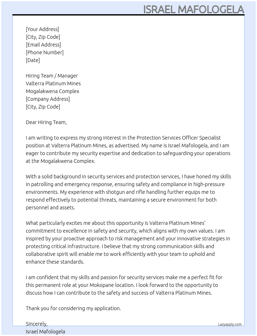 Protection Services Officer Specialist At Valterra Platinum Mines - Mogalakwena Complex Cover Letter