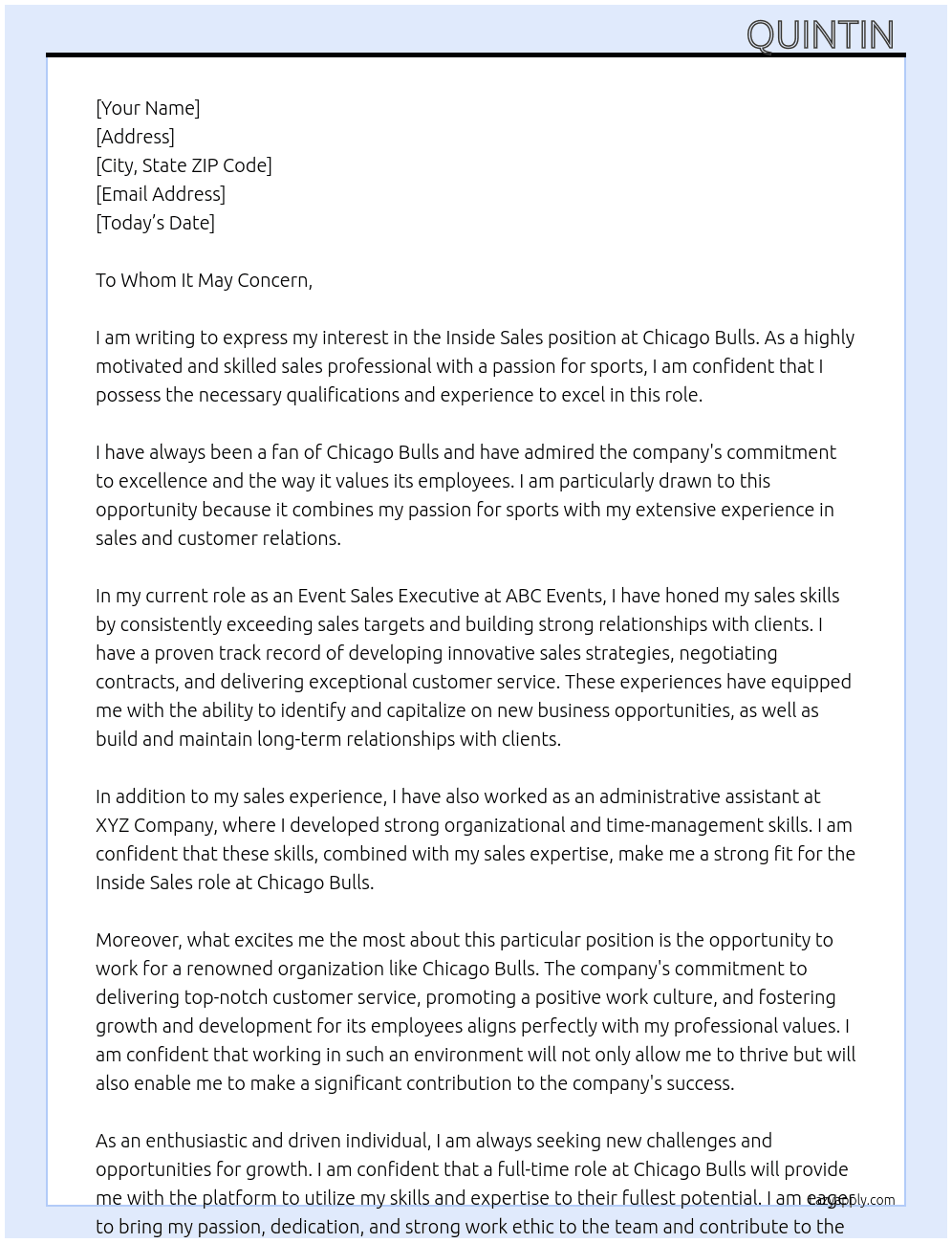 Inside Sales  At Chicago Bulls  Cover Letter