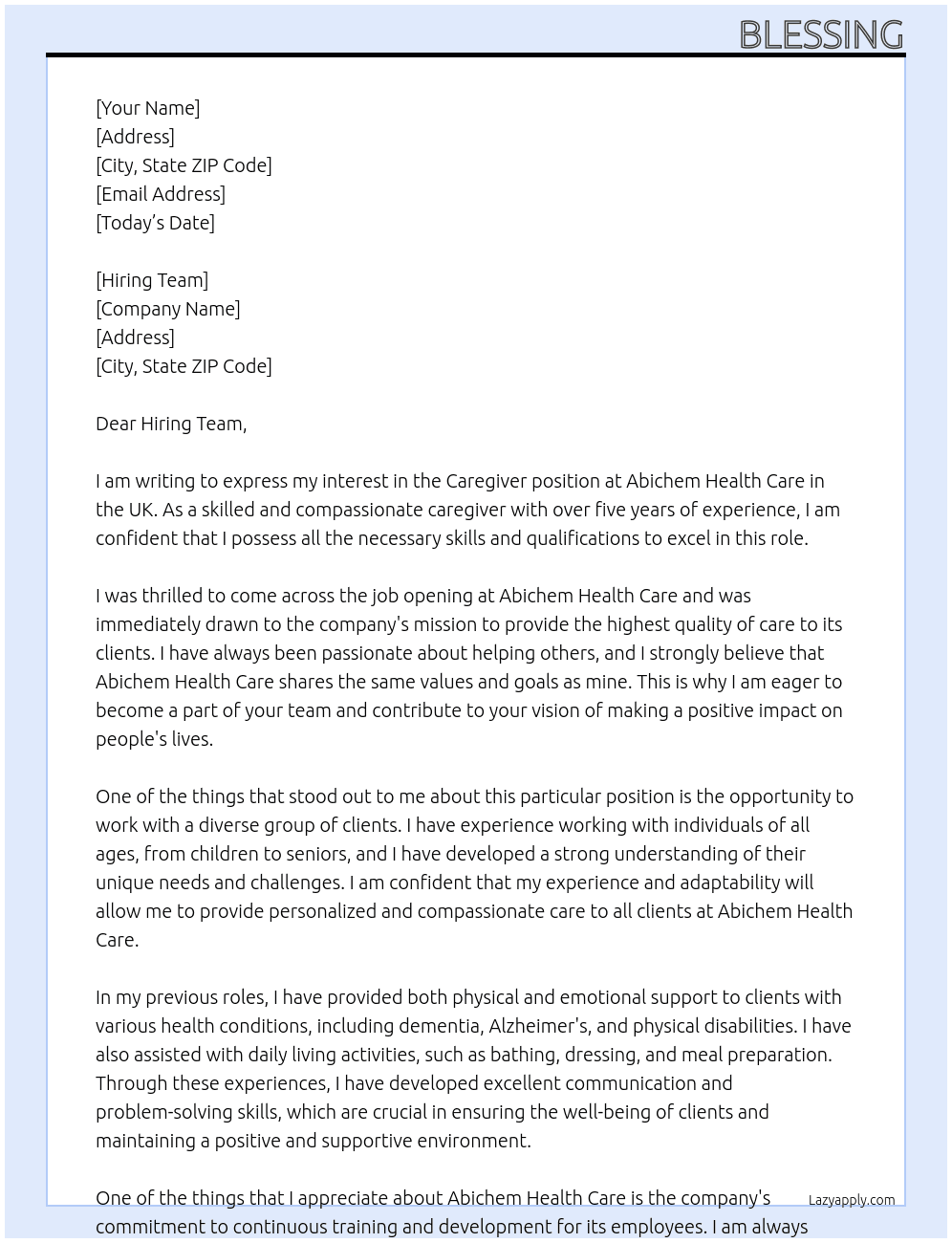 Caregiver At Abichem Health Care, UK Cover Letter