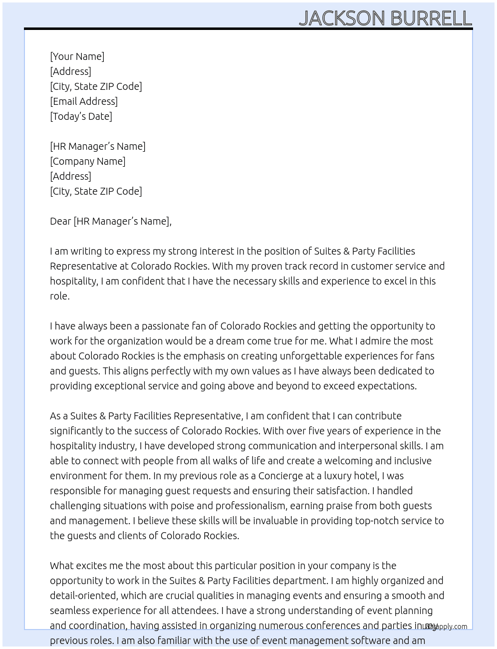 Suites & Party Facilities Representative At Colorado Rockies Cover Letter
