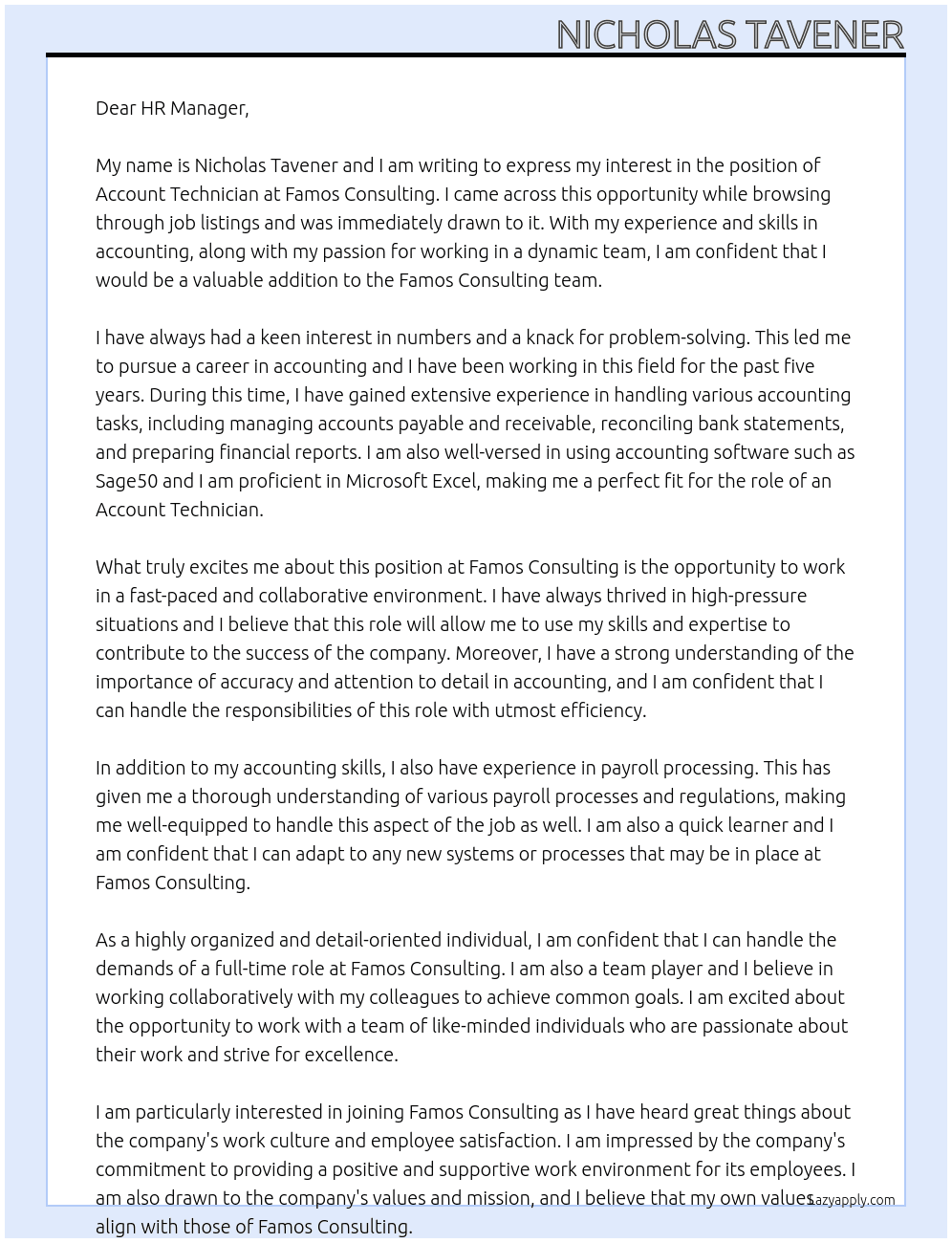 Account Technician At Famos Consulting Cover Letter