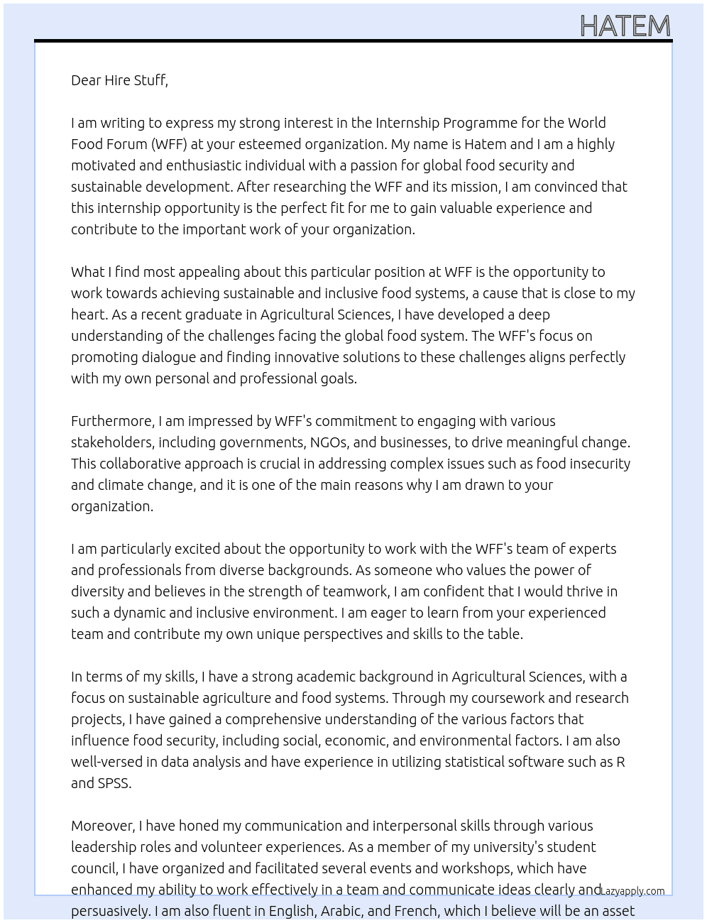Internship Programme for the World Food Forum (WFF)  At Wff Cover Letter
