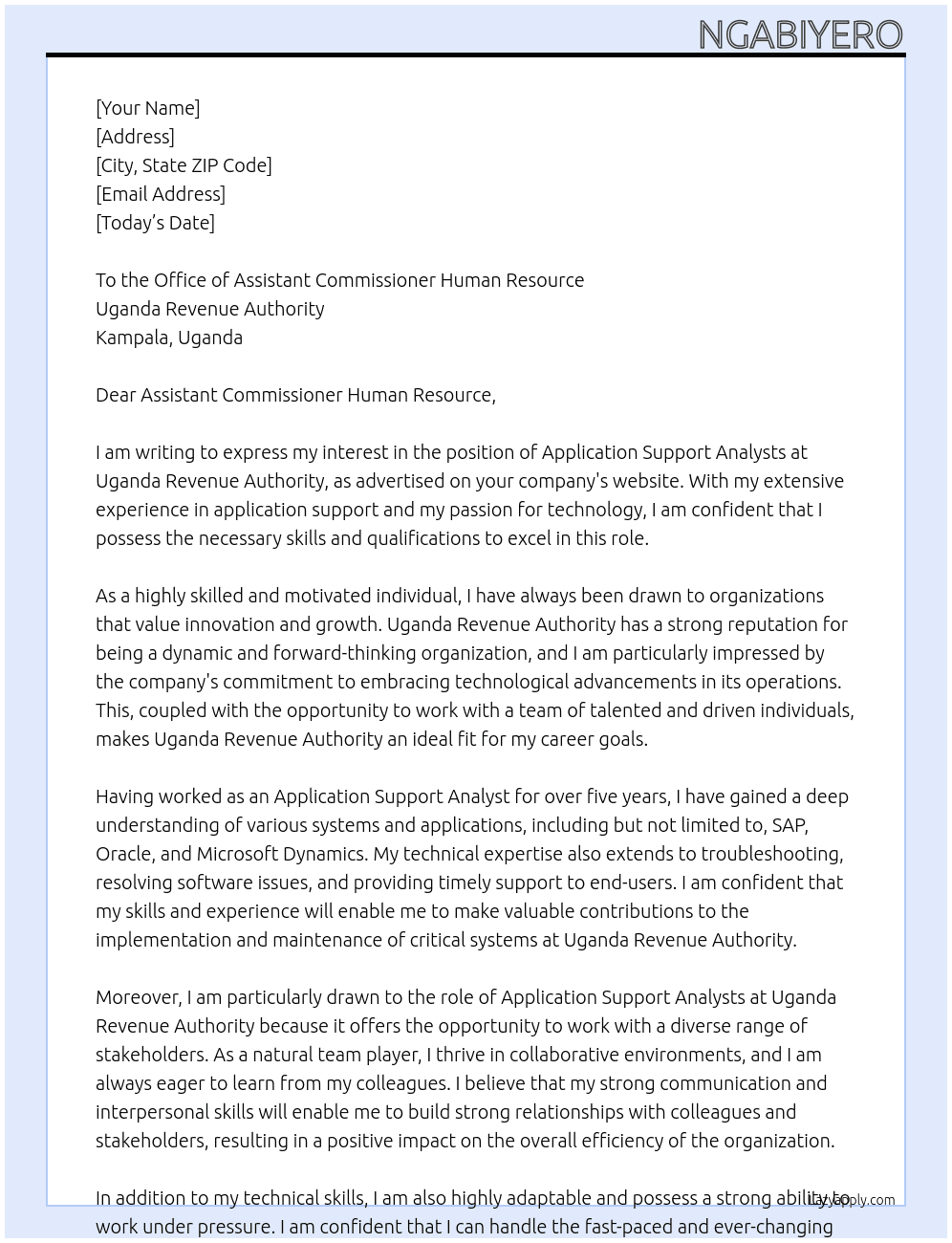 APPLICATION SUPPORT ANALYSTS At UGANDA REVENUE AUTHORITY Cover Letter