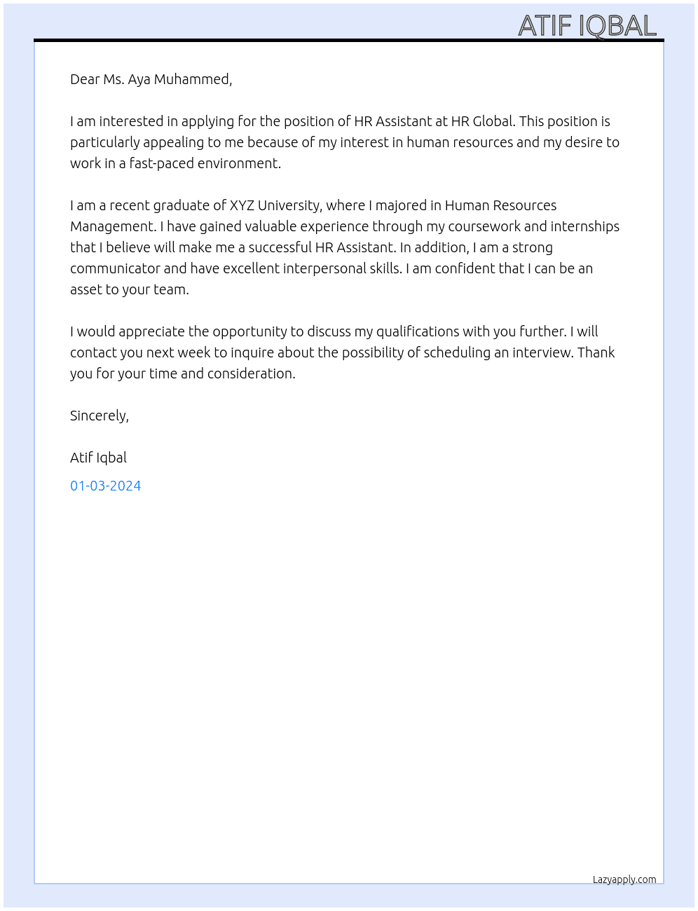 HR Assistant  At HR Global  Cover Letter