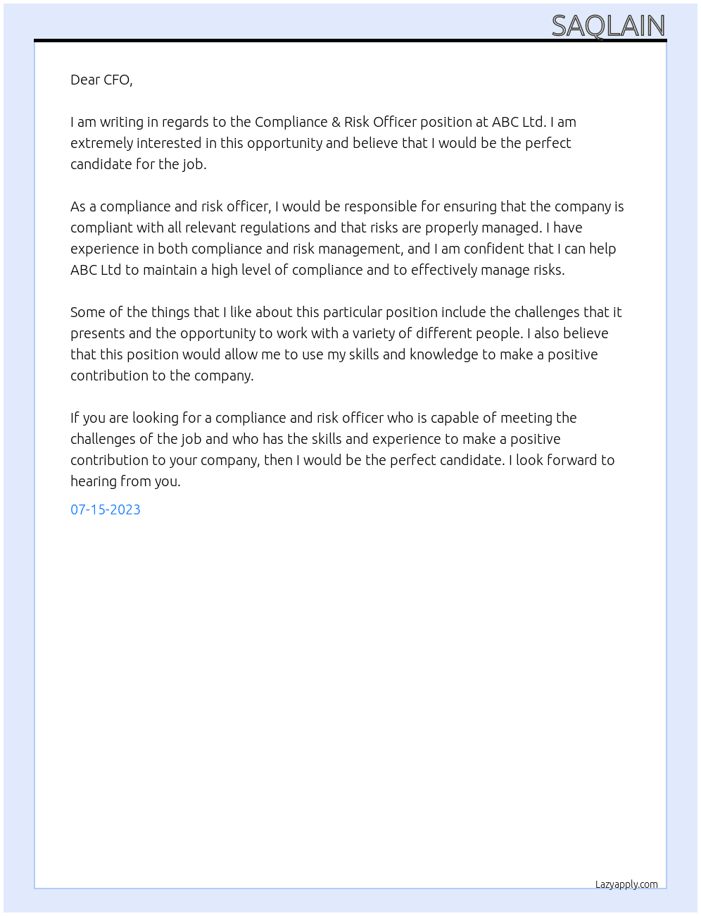 Compliance & Risk Officer At ABC Ltd Cover Letter