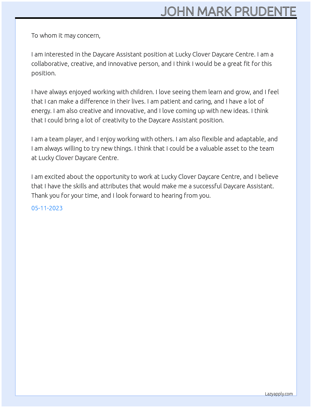 Daycare Assistant At Lucky Clover Daycare Centre Cover Letter