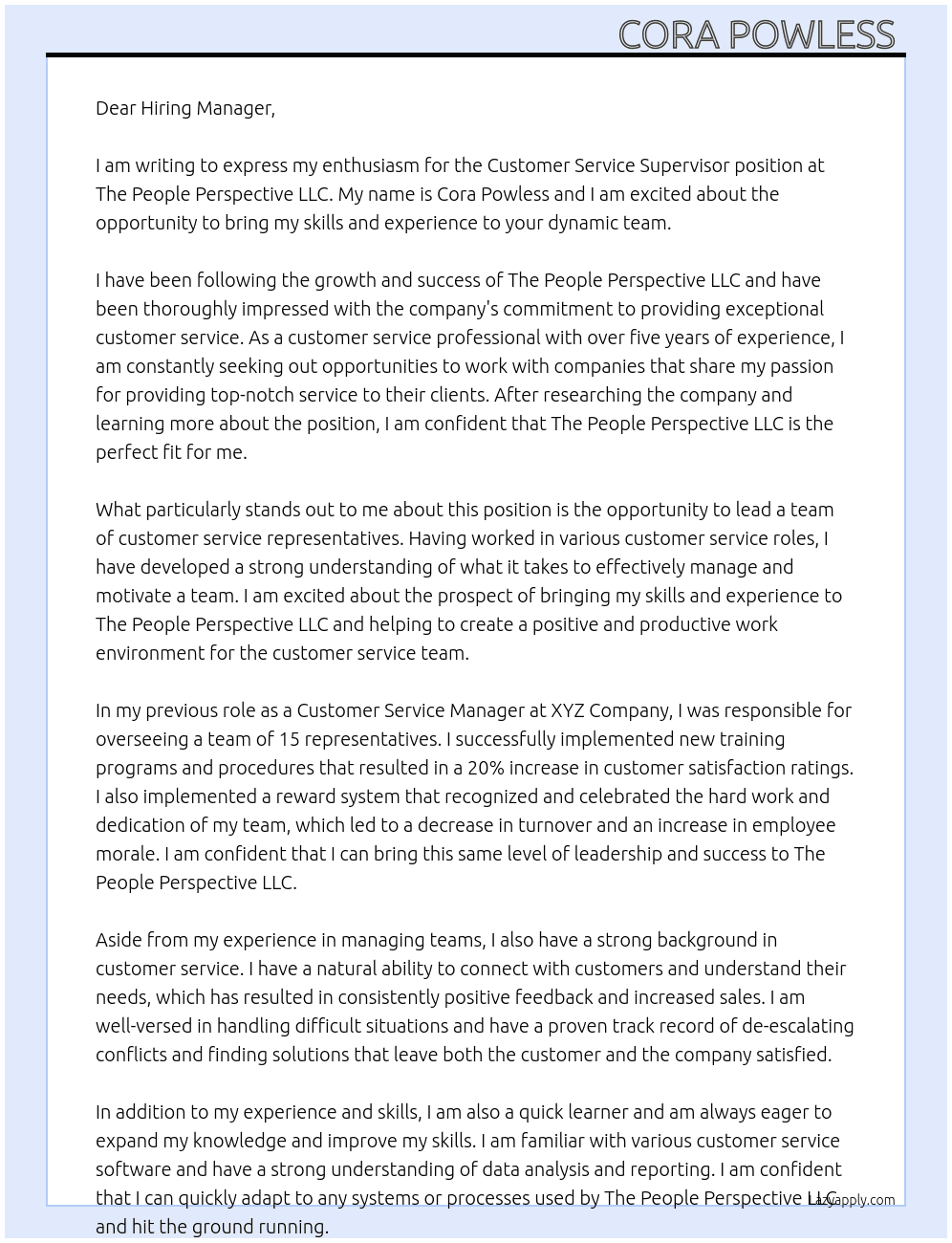 Customer Service Supervisor  At The People Perspective LLC Cover Letter