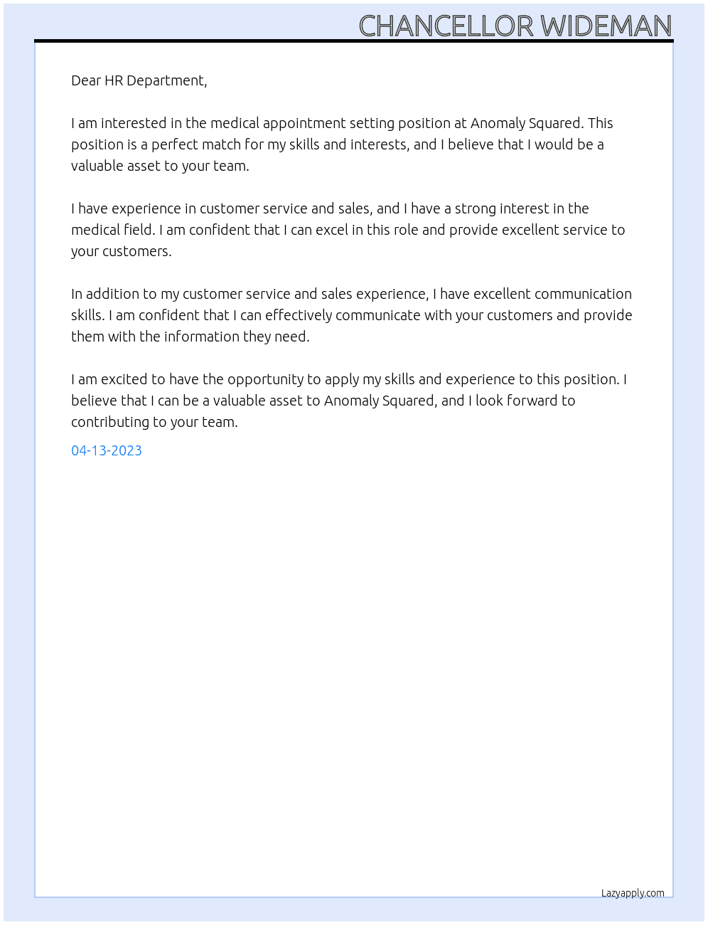 Medical Appointment Setting  At Anomaly Squared  Cover Letter
