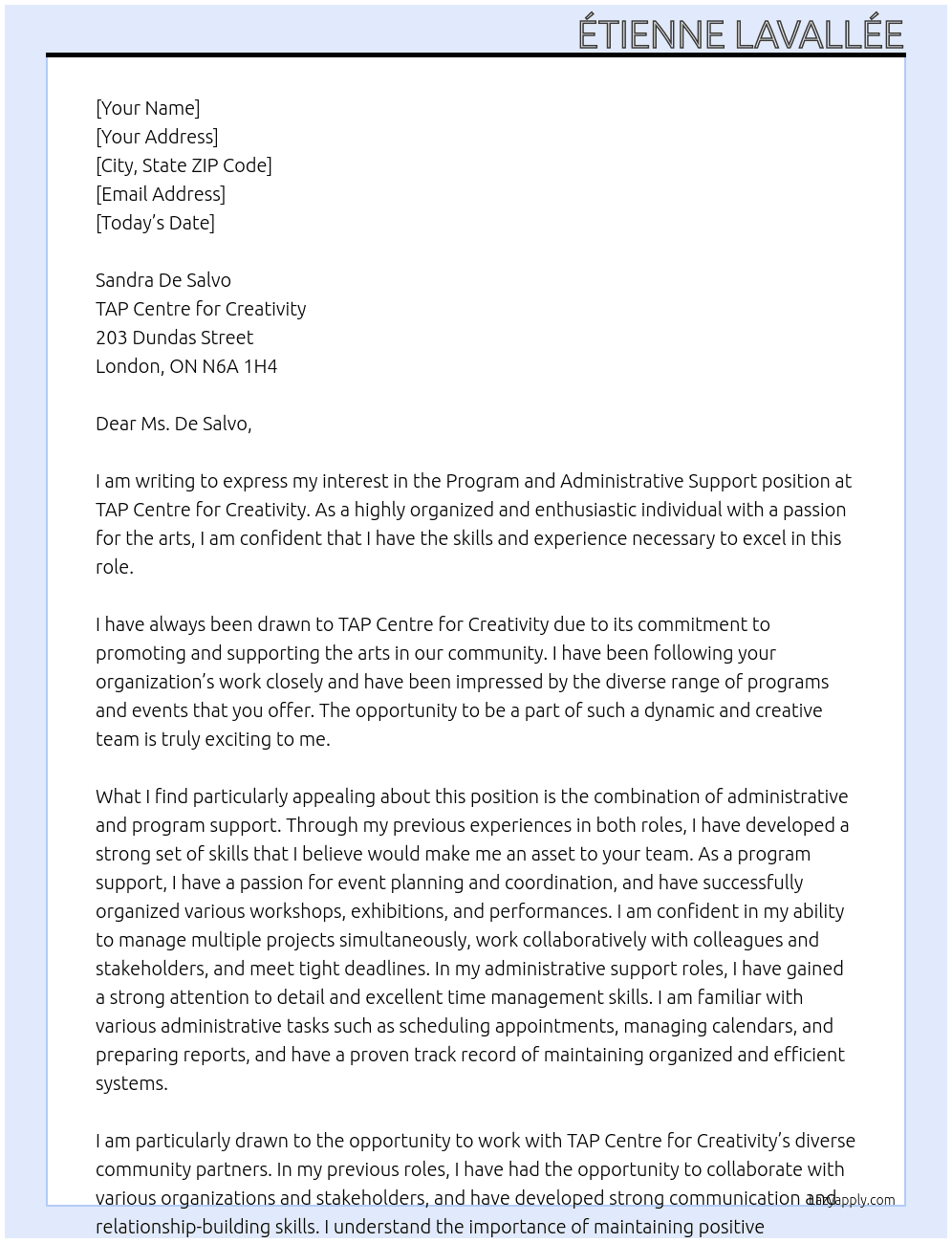 Program and Administrative Support At TAP Centre for Creativity Cover Letter