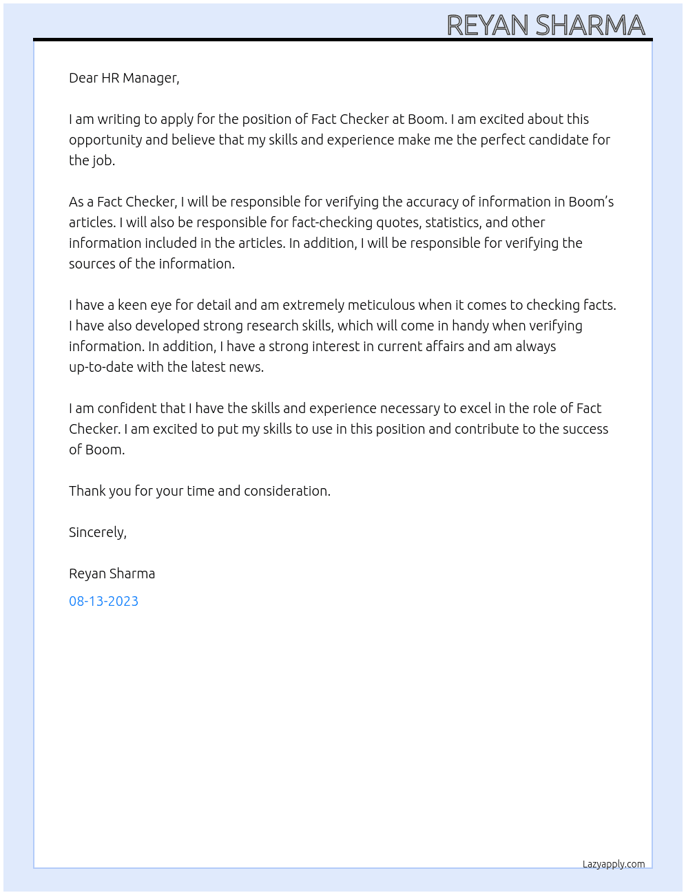 Fact checker  At Boom Cover Letter