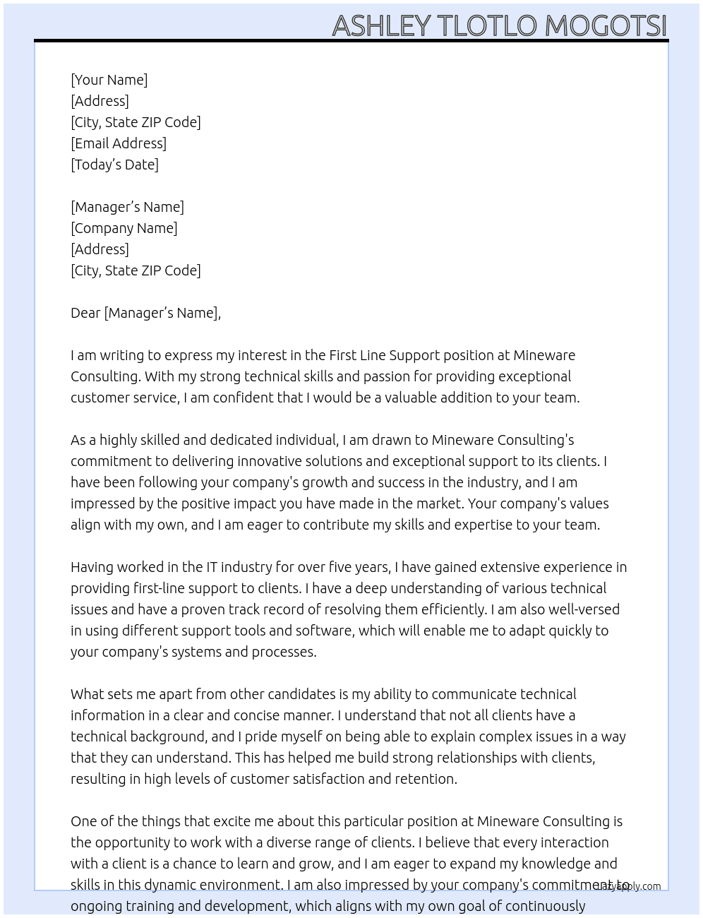 First Line support At Mineware Consulting Cover Letter