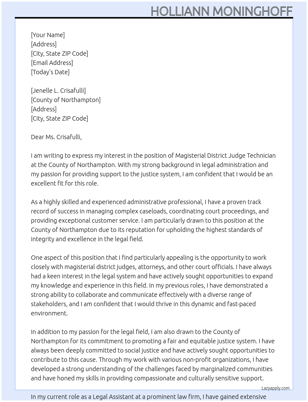 Magisterial District Judge Technician  At County ofNorthampton  Cover Letter