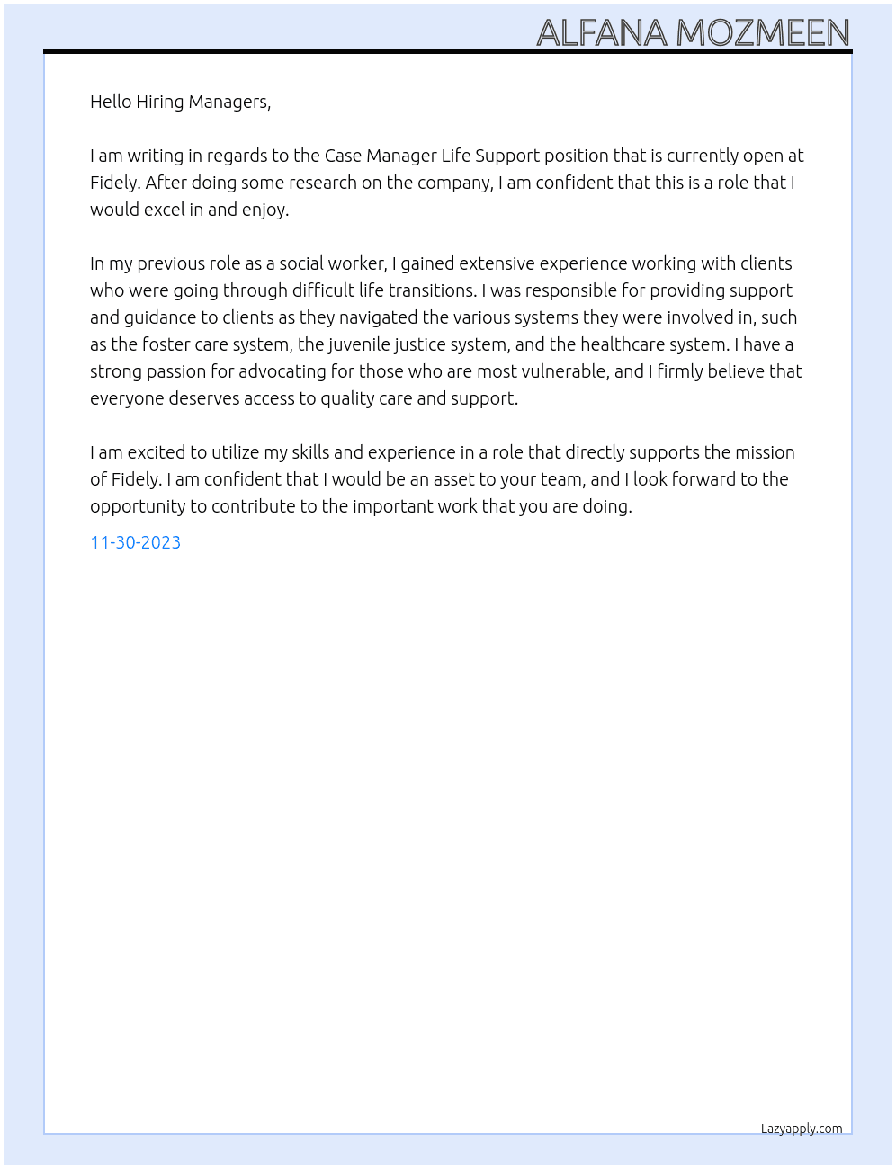 Case management life support At Fidely Cover Letter
