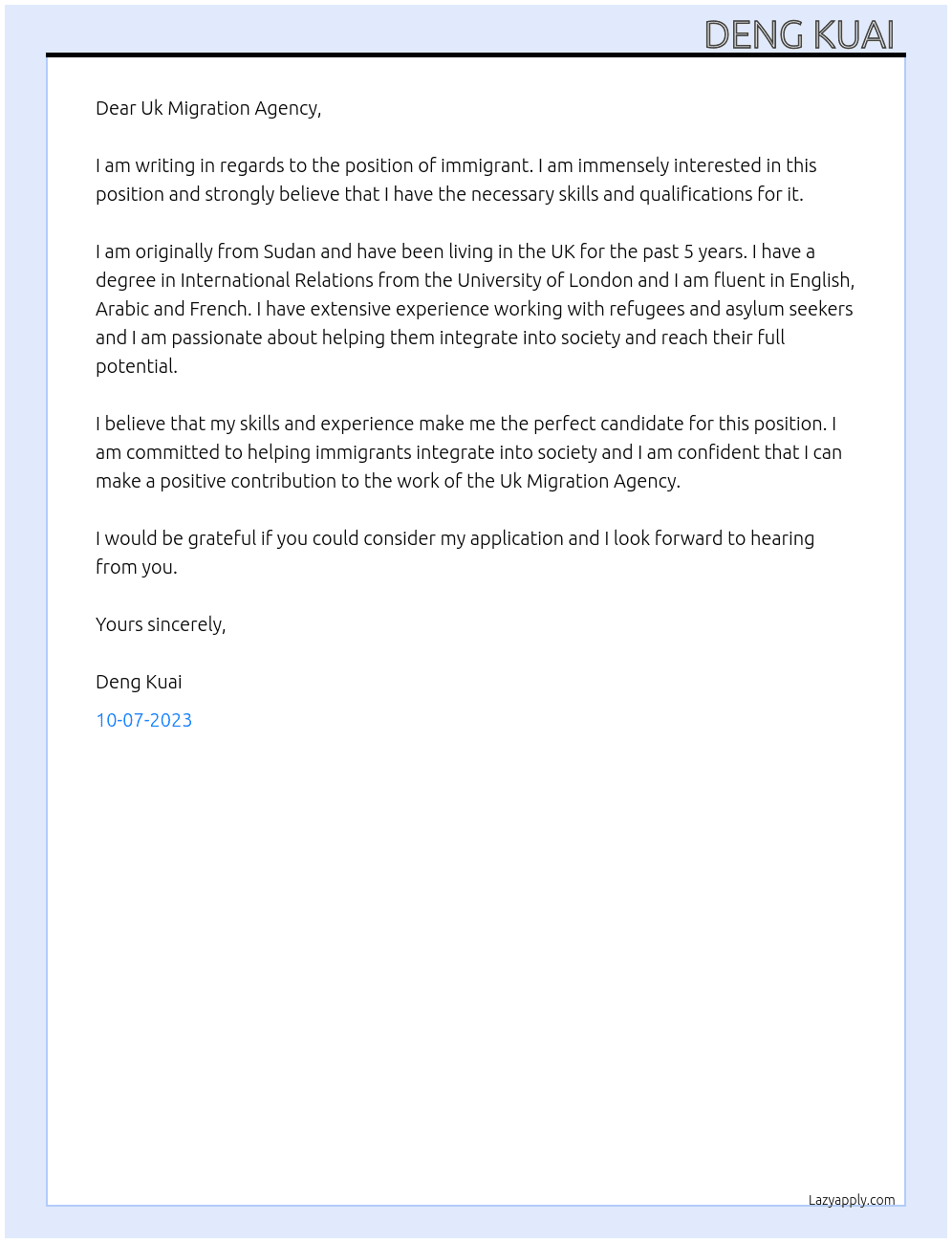 Immigrant  At Asylum seeker  Cover Letter
