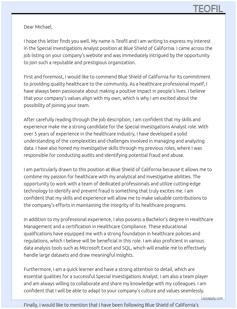 Special investigations analyst At Blue shield of California  Cover Letter